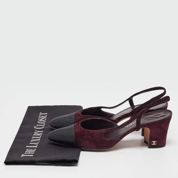 مملوكة مسبقًا Chanel Plum/Black Suede and Fabric CC Slingback Pumps Size 38.5