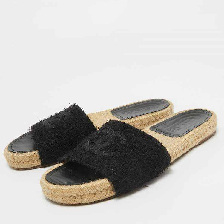 Chanel Black Tweed Flat Slides Size 38