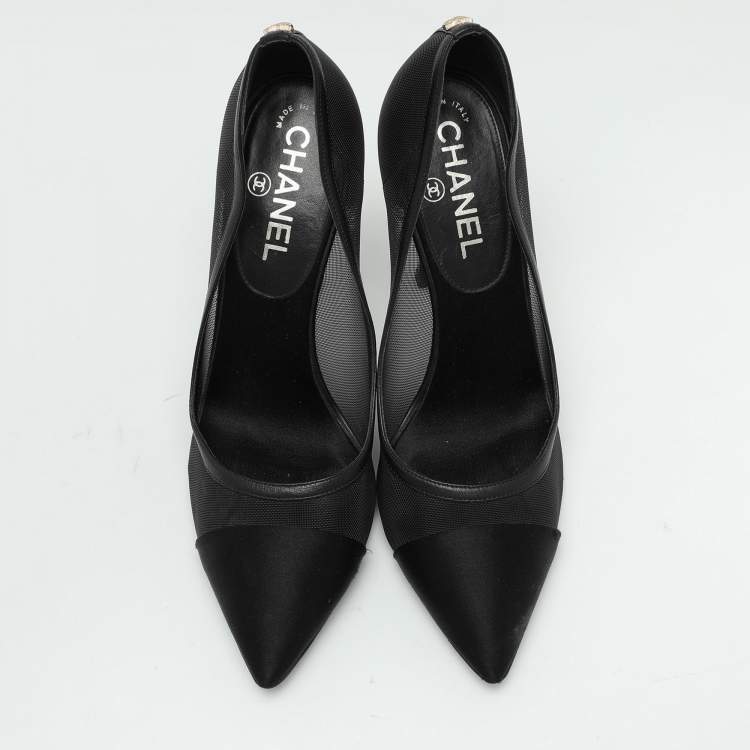 Pre Owned Chanel Black Mesh and Satin Cap Toe Pumps Size 37.5