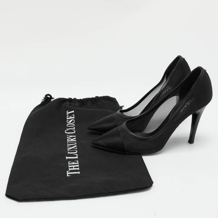 Pre Owned Chanel Black Mesh and Satin Cap Toe Pumps Size 37.5