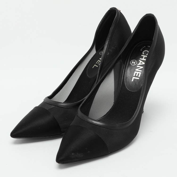 Pre Owned Chanel Black Mesh and Satin Cap Toe Pumps Size 37.5