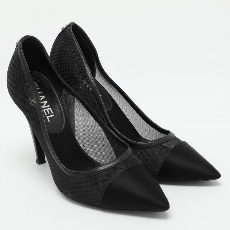 Pre Owned Chanel Black Mesh and Satin Cap Toe Pumps Size 37.5