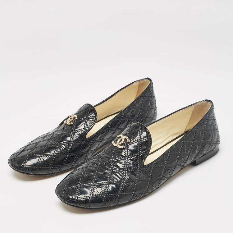 Pre Owned Chanel Black Patent Smoking Slippers Size 39.5