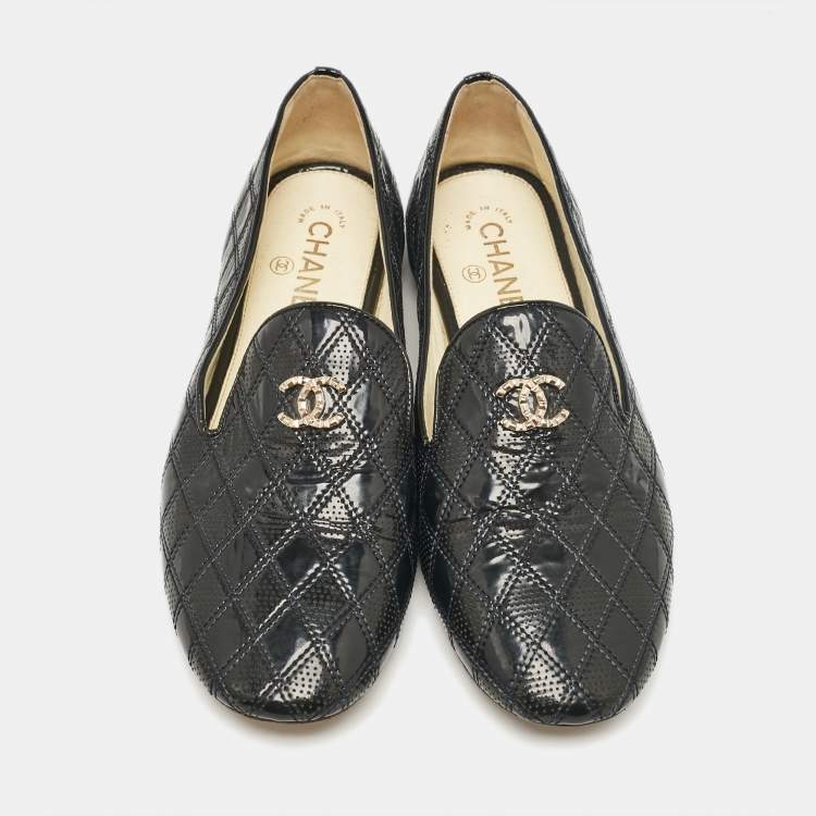 Pre Owned Chanel Black Patent Smoking Slippers Size 39.5