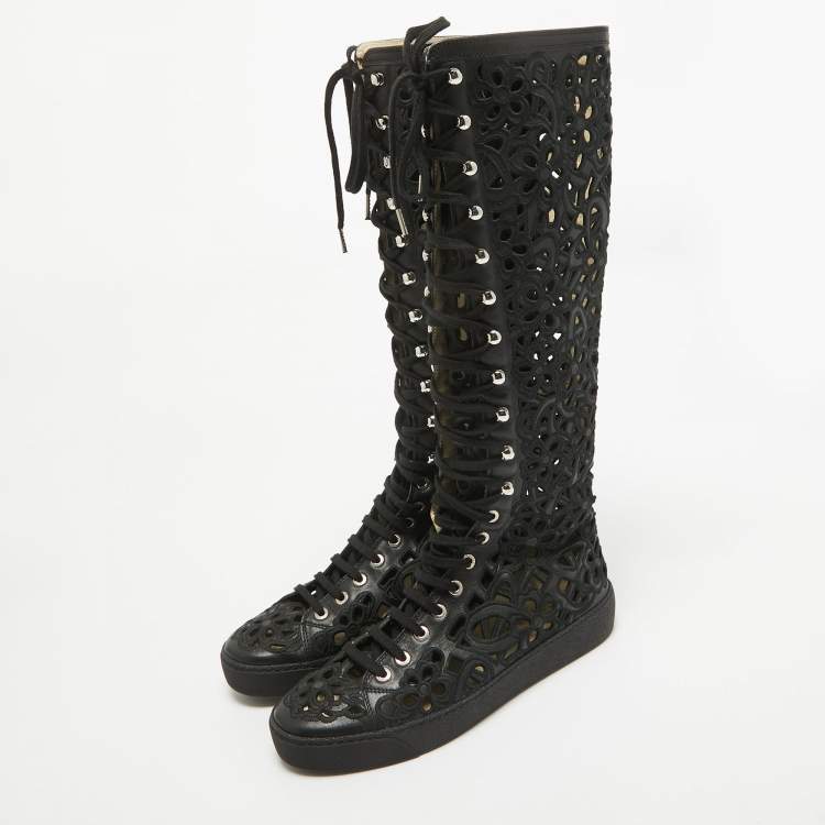 Pre Owned Chanel Black Canvas and Leather Camellia Knee Length Boots Size 39