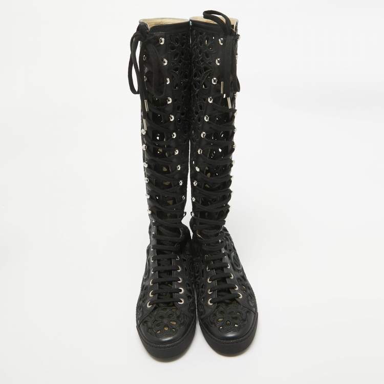 Pre Owned Chanel Black Canvas and Leather Camellia Knee Length Boots Size 39