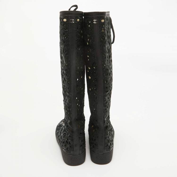 Pre Owned Chanel Black Canvas and Leather Camellia Knee Length Boots Size 39