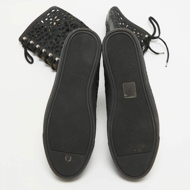 Pre Owned Chanel Black Canvas and Leather Camellia Knee Length Boots Size 39