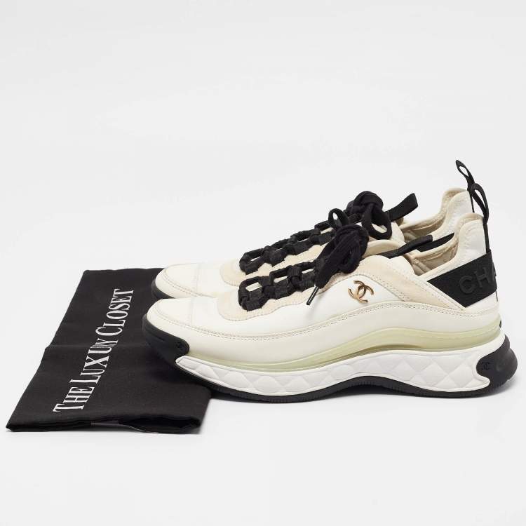 Pre Owned Chanel White Fabric and Suede CC Lace Up Sneakers Size 39