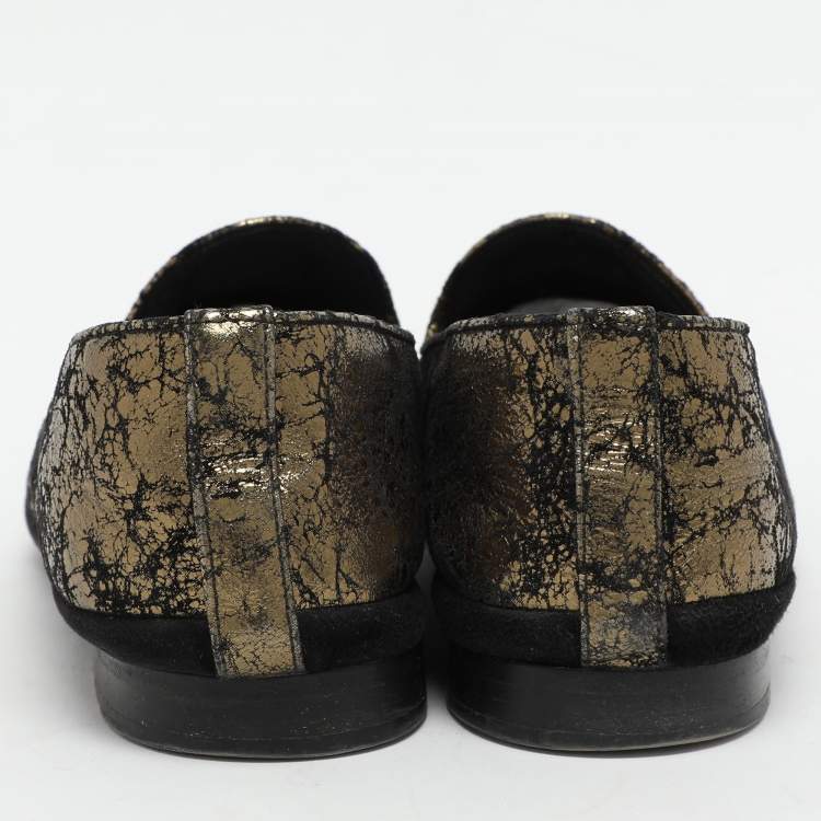 Pre Owned Chanel Gold/Black Printed Suede and Fabric CC Cap Toe Loafers Size 39
