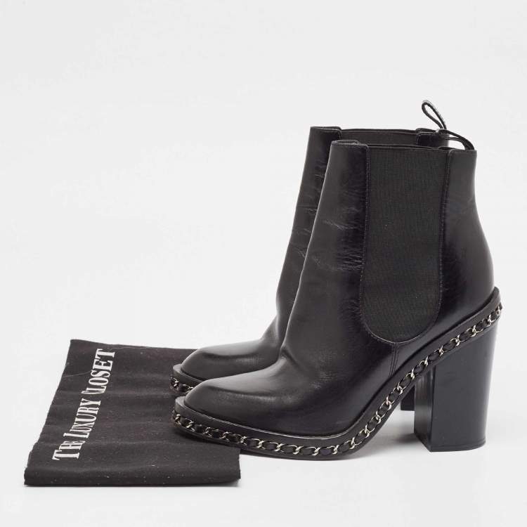 Pre Owned Chanel Black Leather Ankle Length Boots Size 38
