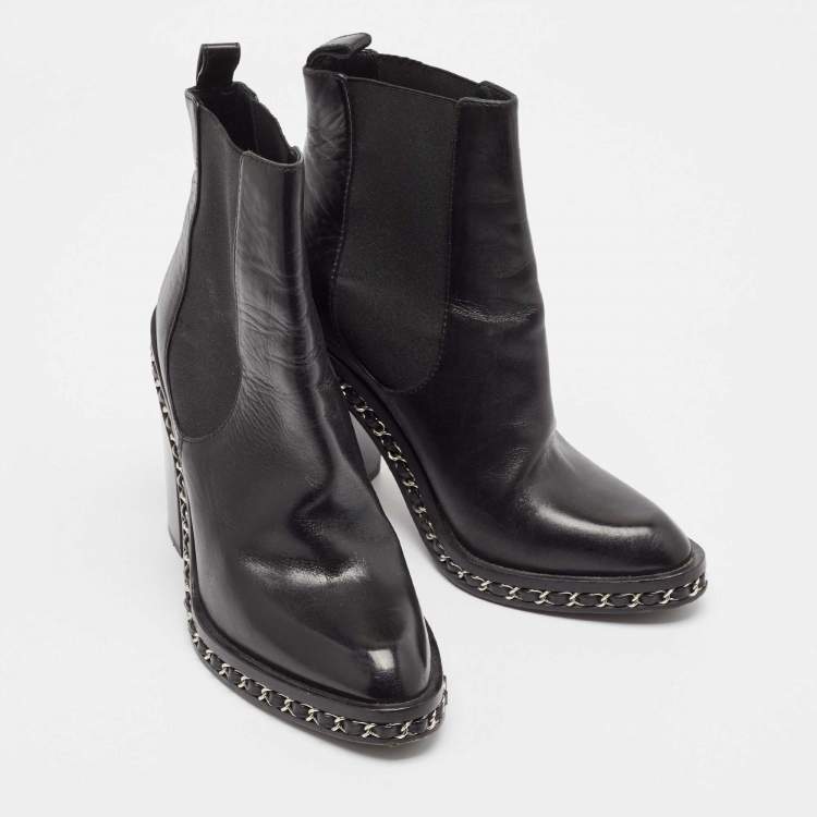 Pre Owned Chanel Black Leather Ankle Length Boots Size 38