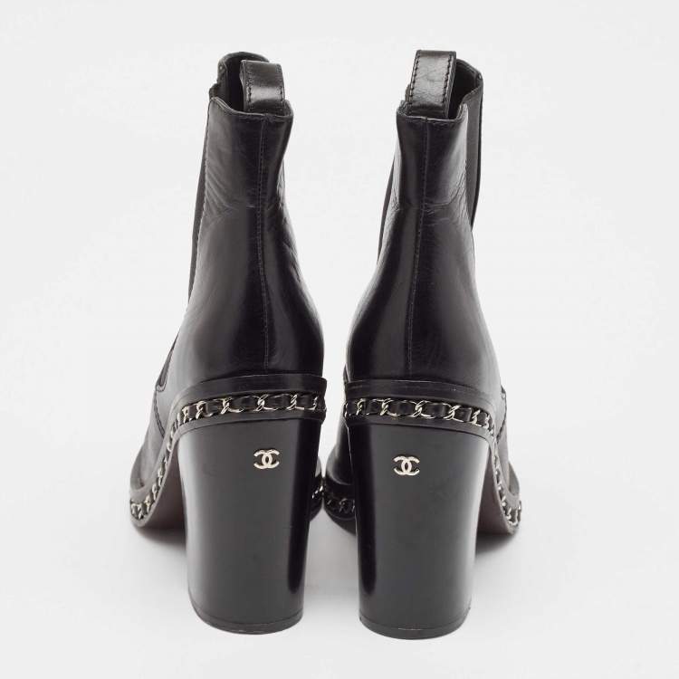 Pre Owned Chanel Black Leather Ankle Length Boots Size 38