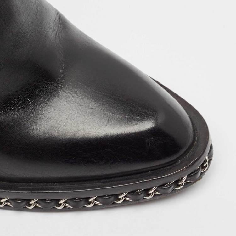 Pre Owned Chanel Black Leather Ankle Length Boots Size 38