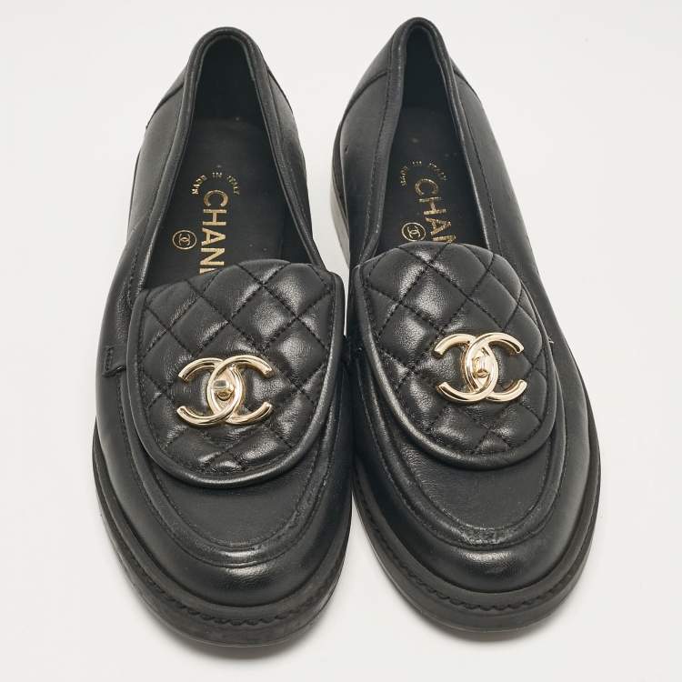 Pre Owned Chanel Black Leather Quilted CC Turnlock Loafers Size 37