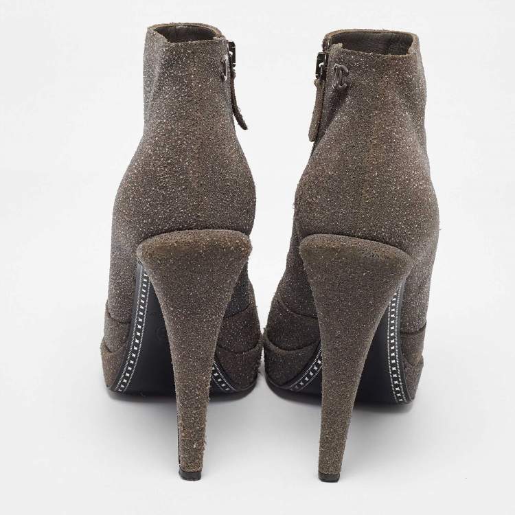 Pre Owned Chanel Grey/Black Glitter Suede Platform Ankle Length Boots Size 39