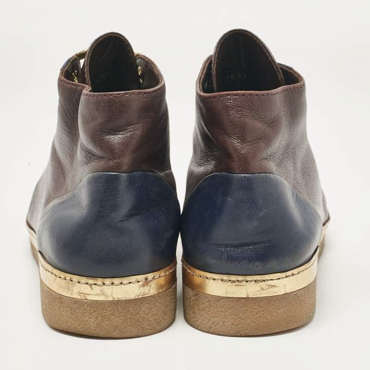 Pre Owned Chanel Navy Blue/Burgundy Leather CC Ankle Boots Size 40.5