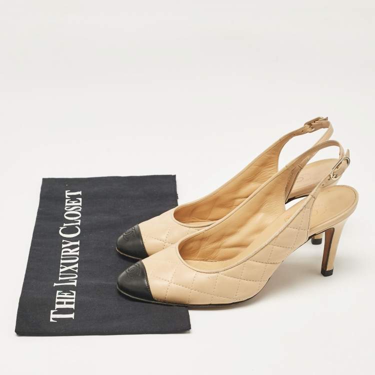 Pre Owned Chanel Beige/Black Leather Slingback Pumps Size 37