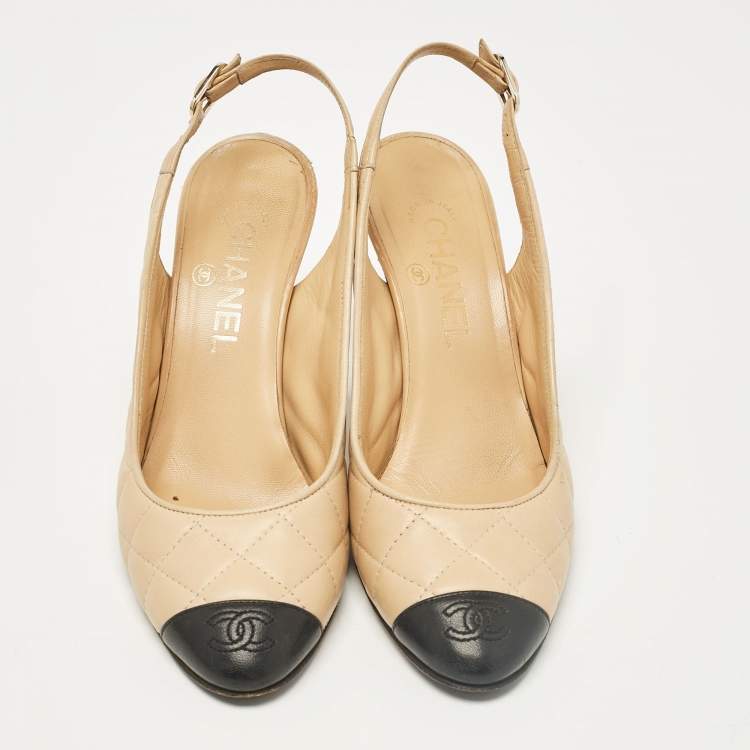Pre Owned Chanel Beige/Black Leather Slingback Pumps Size 37