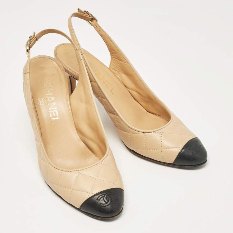 Pre Owned Chanel Beige/Black Leather Slingback Pumps Size 37