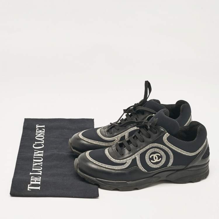 Pre Owned Chanel Black Leather and Neoprene CC Low Top Sneakers Size 37