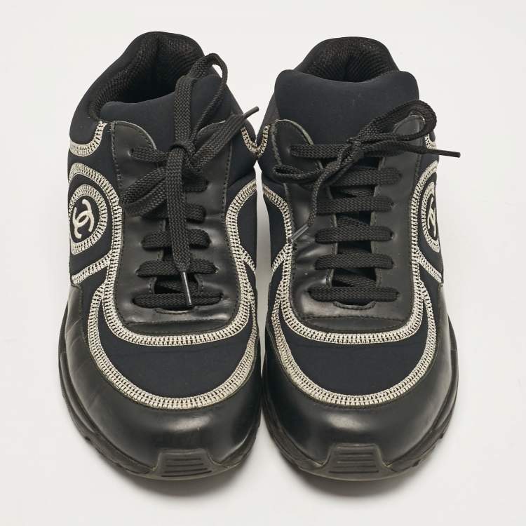 Pre Owned Chanel Black Leather and Neoprene CC Low Top Sneakers Size 37