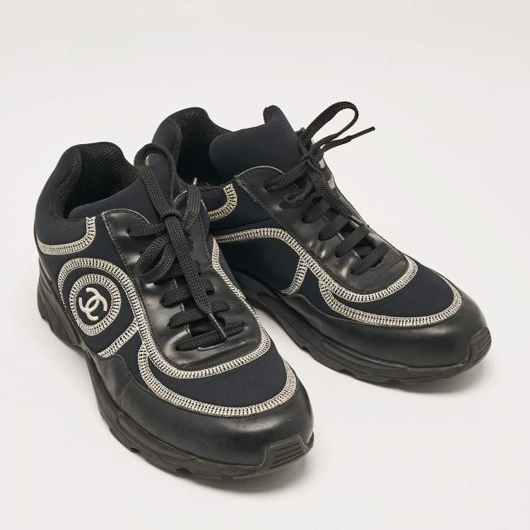 Pre Owned Chanel Black Leather and Neoprene CC Low Top Sneakers Size 37