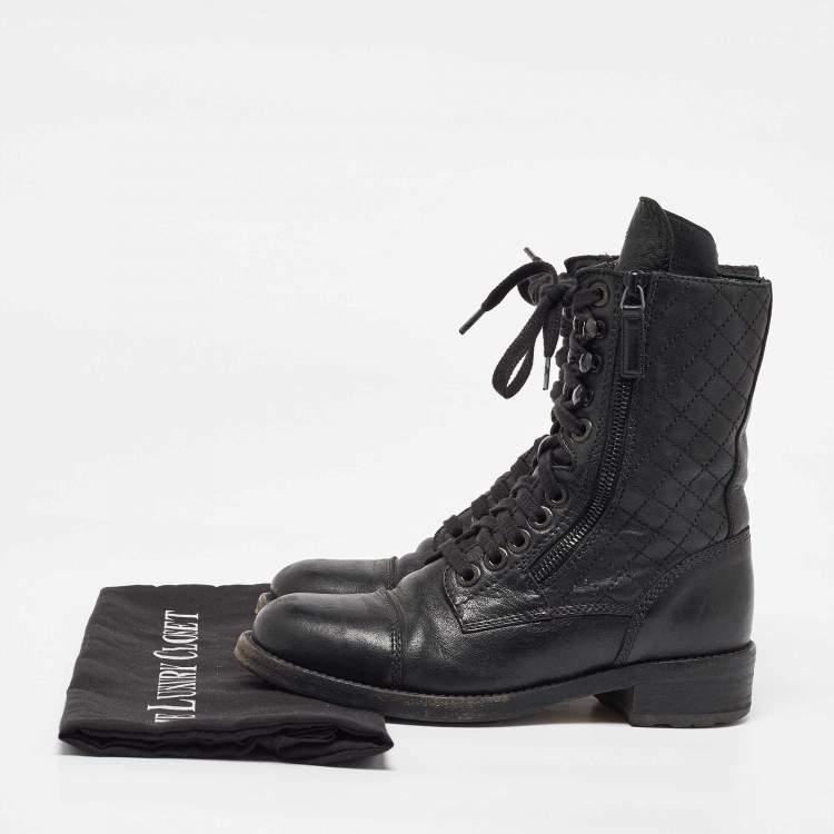 Pre Owned Chanel Black Leather CC Interlocking Ankle Length Boots Size 36.5