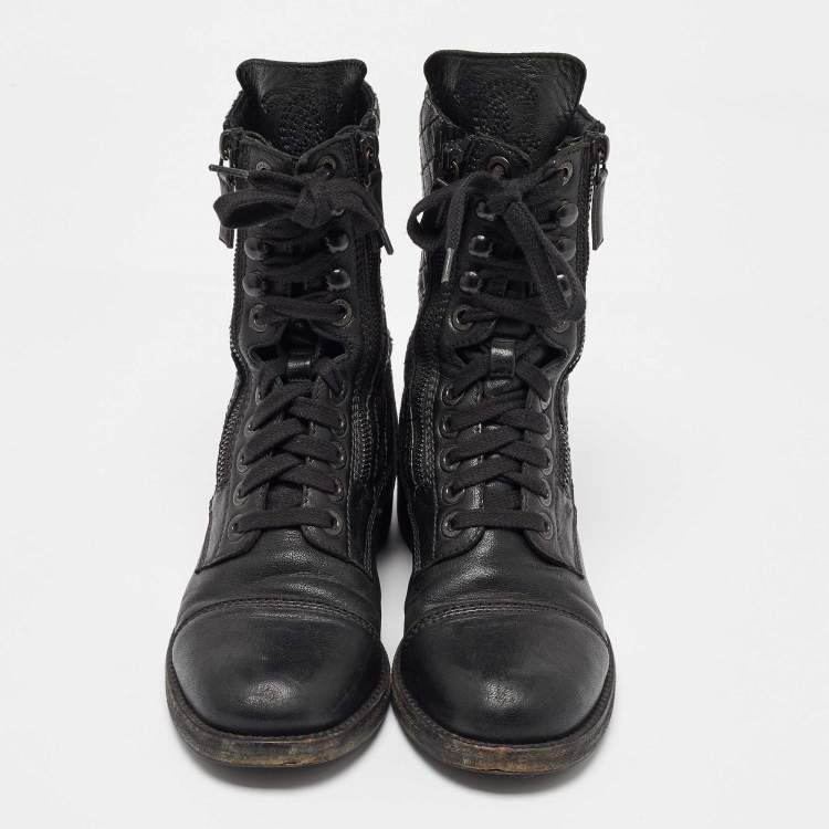 Pre Owned Chanel Black Leather CC Interlocking Ankle Length Boots Size 36.5