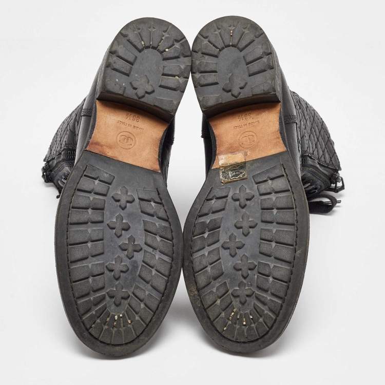 Pre Owned Chanel Black Leather CC Interlocking Ankle Length Boots Size 36.5