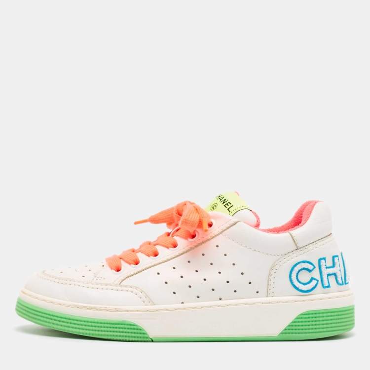 Pre Owned Chanel White Leather Perforated Low Top Sneakers Size 37