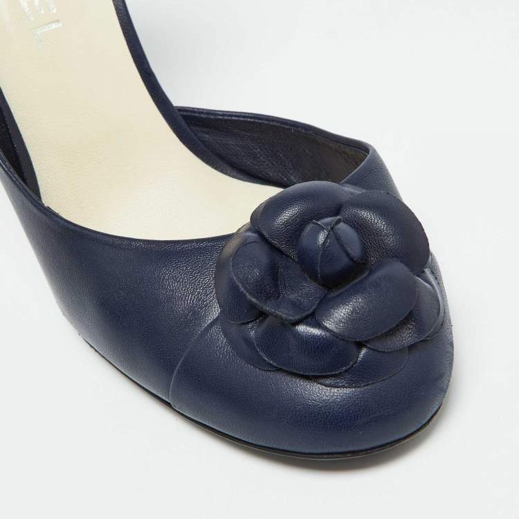 Pre Owned Chanel Navy Blue Leather Camellia Accent D'orsay Pumps Size 42