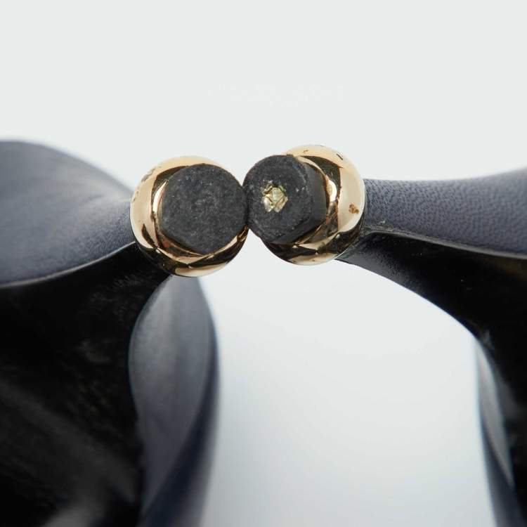 Pre Owned Chanel Navy Blue Leather Camellia Accent D'orsay Pumps Size 42