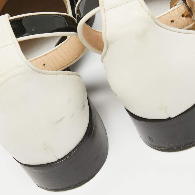 Pre Owned Chanel Black/White Leather Ankle Strap Cutout Loafers Size 37.5
