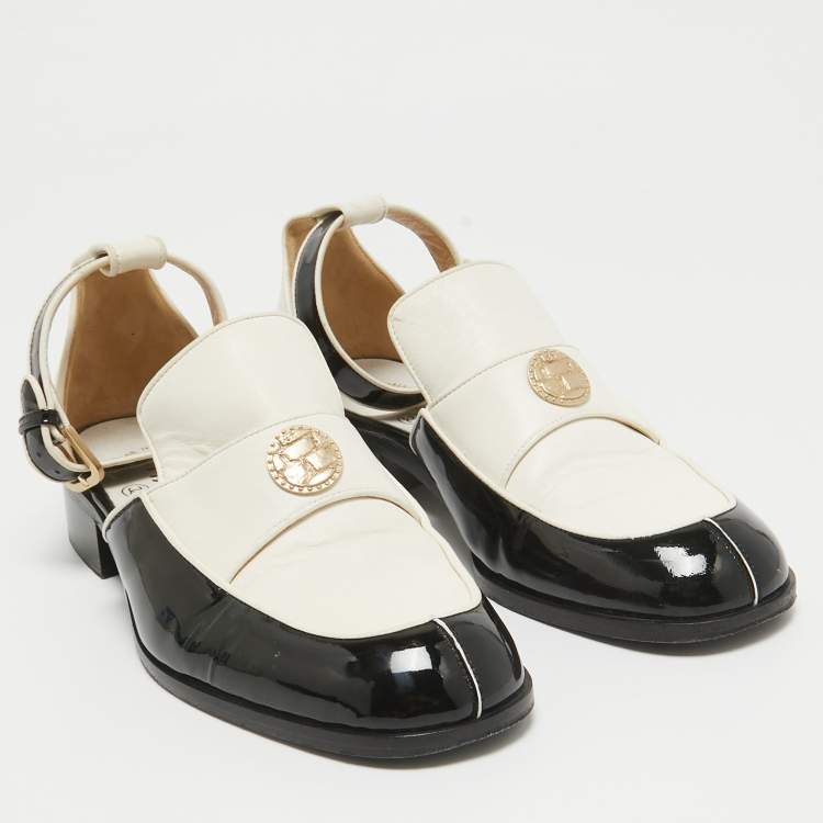 Pre Owned Chanel Black/White Leather Ankle Strap Cutout Loafers Size 37.5