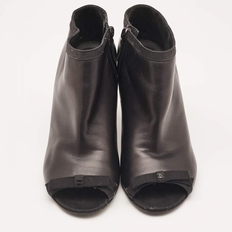 Pre Owned Chanel Black Leather Bow Open Toe Booties Size 38.5