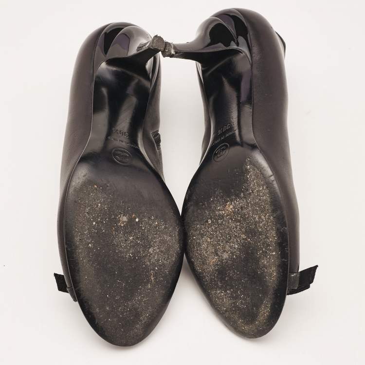 Pre Owned Chanel Black Leather Bow Open Toe Booties Size 38.5