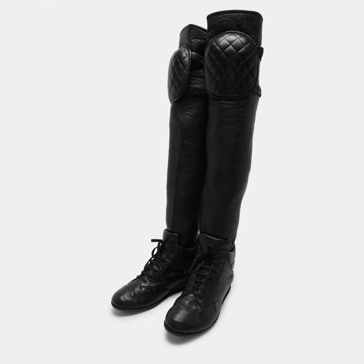 Pre Owned Chanel Black Quilted Leather Knee Length Boots Size 40