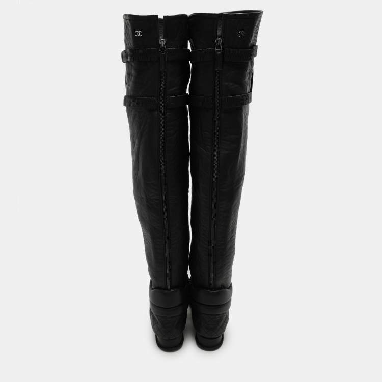 Pre Owned Chanel Black Quilted Leather Knee Length Boots Size 40