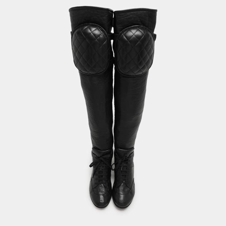 Pre Owned Chanel Black Quilted Leather Knee Length Boots Size 40