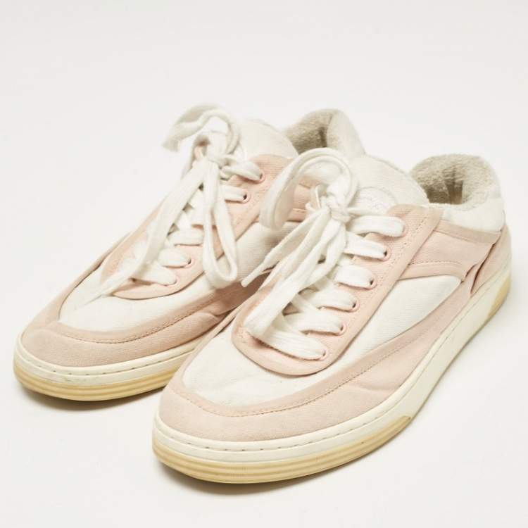 Pre Owned Chanel Pink/White Canvas CC Low Top Sneakers Size 37