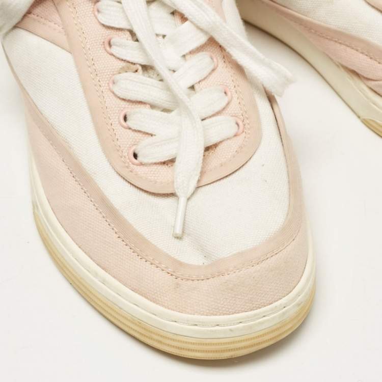 Pre Owned Chanel Pink/White Canvas CC Low Top Sneakers Size 37
