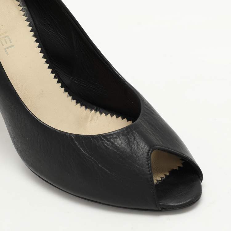 Pre Owned Chanel Black Leather CC Embellished Peep Toe Pumps Size 36
