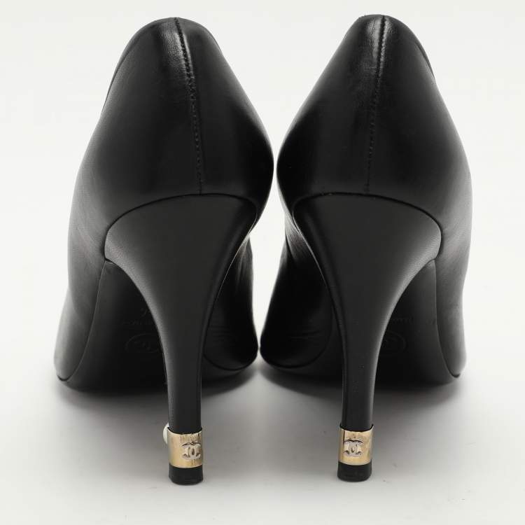 Pre Owned Chanel Black Leather CC Embellished Peep Toe Pumps Size 36