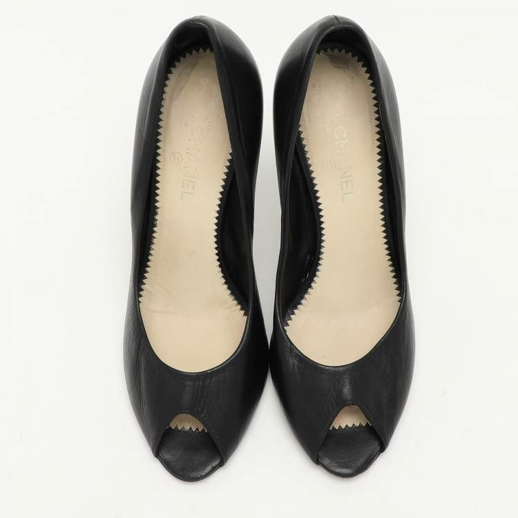Pre Owned Chanel Black Leather CC Embellished Peep Toe Pumps Size 36