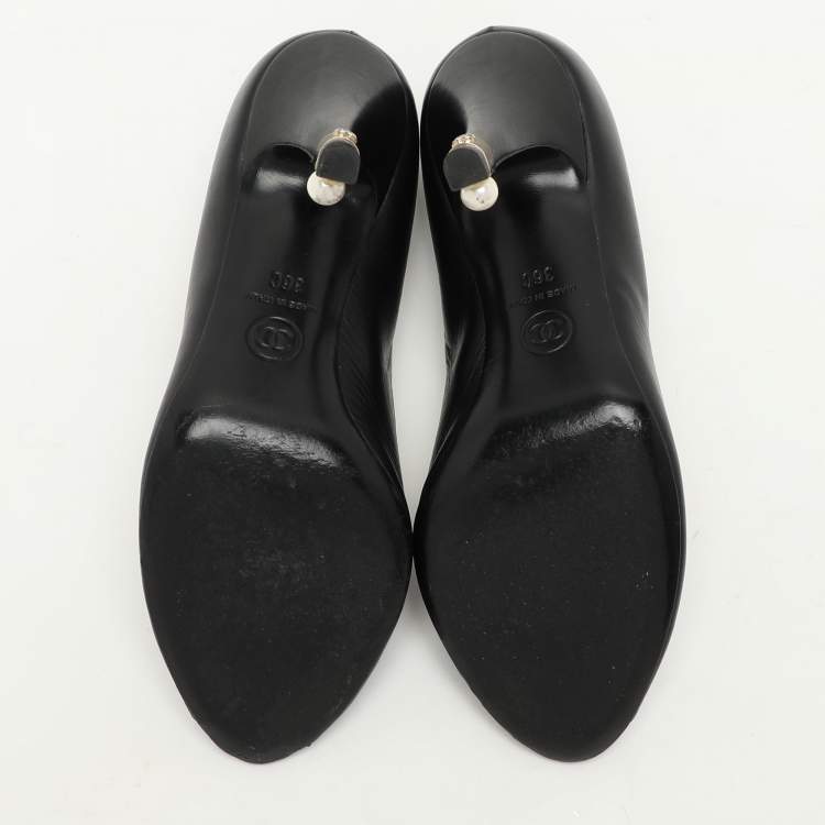 Pre Owned Chanel Black Leather CC Embellished Peep Toe Pumps Size 36