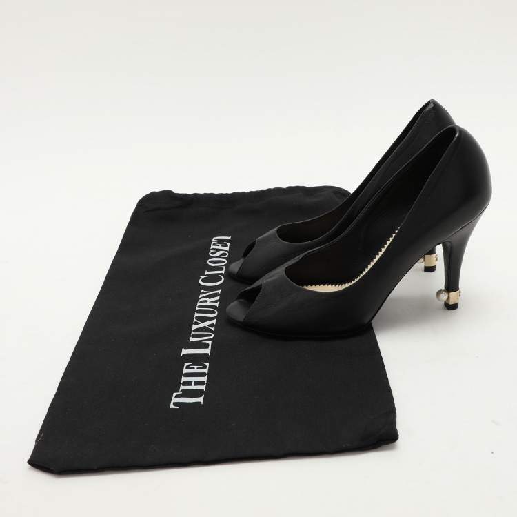 Pre Owned Chanel Black Leather CC Embellished Peep Toe Pumps Size 36