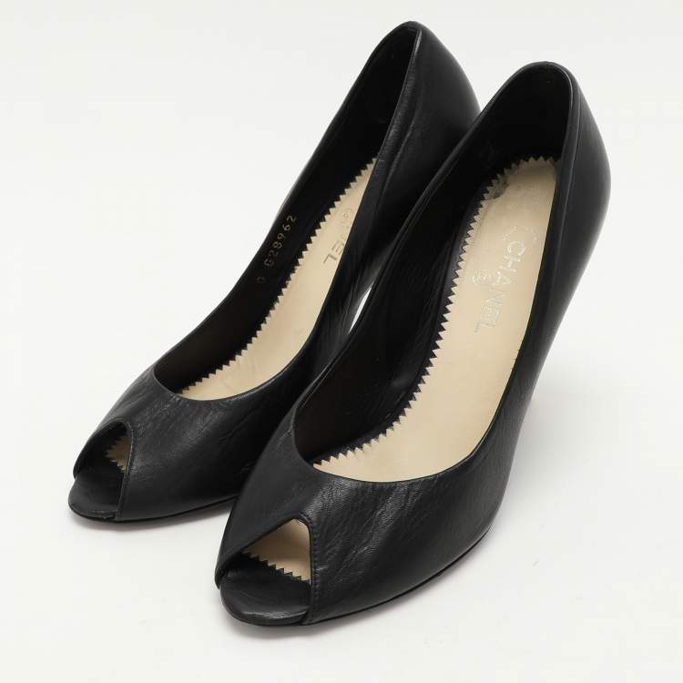 Pre Owned Chanel Black Leather CC Embellished Peep Toe Pumps Size 36