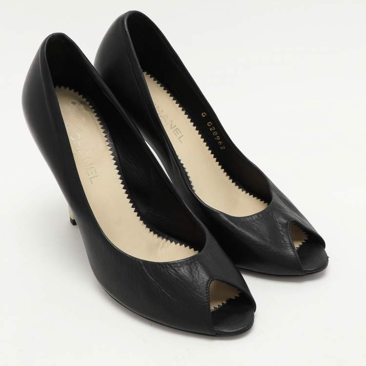 Pre Owned Chanel Black Leather CC Embellished Peep Toe Pumps Size 36