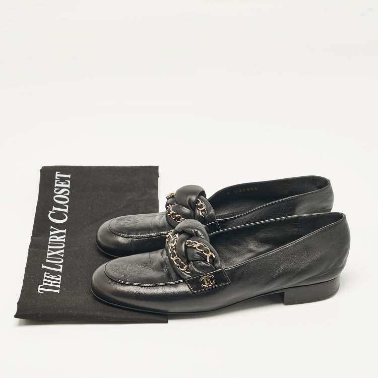 Pre Owned Chanel Black Leather Interlocking Chain Link Loafers Size 38.5